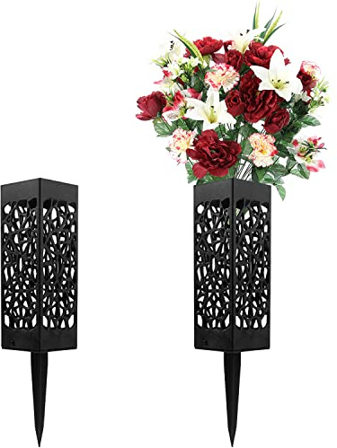 2 vasi per cimitero con picchetto per fiori, in plastica, colore nero, da inserire per erba, vasi tomba