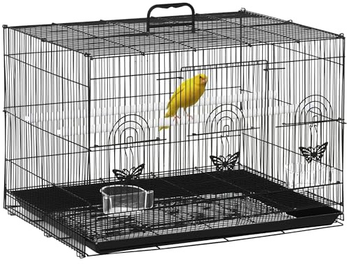 PawHut Jaula para Pájaros 60x41x41 cm Pajarera de Metal con Comederos 2 Perchas 3 Puertas y Asa de Transporte para Pájaros Pequeños Canarios Periquitos Negro