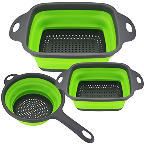 3 Pcs Collapsible Colanders Set, Silicone Colanders & Food Strainers, Foldable Filter Drain Baskets, Kitchen Strainer Washingup Bowl for Draining Pasta Fruit Vegetable Colanders Drain Baskets, Green