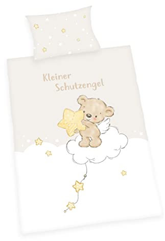 Herding Kleiner Schutzengel Bettwäsche-Set, MADE IN GREEN by OEKO TEX, Kopfkissenbezug ca. 40 x 60 cm, Bettbezug ca. 135 x 100 cm, Mit Knopfverschluss, 100% Baumwolle/Flanell, Weiß/Beige