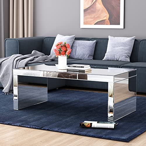 blingworld Spiegel Kaffeetisch Couchtisch, Silberner Glas Wohnzimmertisch, MDF-Konstruktion, Spiegeloberfläche, Luxuriöses Wohnzimmermöbel, Einfach zu Montieren, 100 x 55 x 43 cm