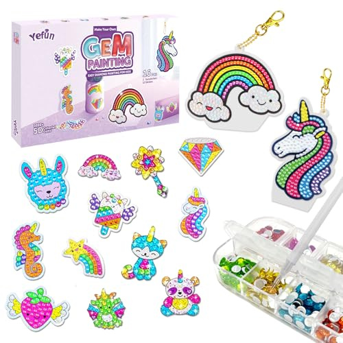Yefun Diamond Painting Bilder für Kinder, 5D Einhorn Diamond Painting Basteln Set für Mädchen, DIY Einhorn Spielzeug mit Schlüsselanhänger, Décoration Sticker Art Kits Tolles, Für 4-12 Jährige Mädchen