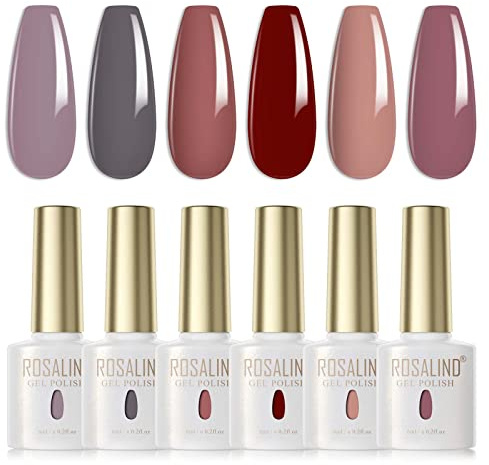 ROSALIND UV Nagellack 6 Farben Grau DunkelRot Braun Haferflocken Farbe Gel Nagellack Set Farbgel für Gelnägel Soak Off UV Gel Nail Polish Für UV Lampe Salon Design Kit