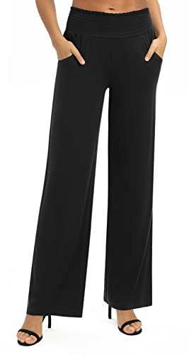 Donna Solido Sciolto Gamba Dritta Palazzo Pantaloni A Vita Alta Elastico Casual Pantaloni con Tasche(XXL, Nero)