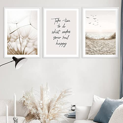 Trayosin Poster Set 3er Bilder Strand Löwenzahn Natur Wandbilder Beige,Bilder Wohnzimmer Deko Schlafzimmer,Moderne Wandbild Kunstdruck Leinwandbild,Wandposter OHNE Rahmen (50x70cm)