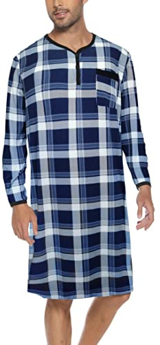 Yukiuiny Maglie Pigiama Uomo Maniche Lunghe Abbigliamento da Notte Camicie Lunghe per Dormire(94% Poliestere,6% Spandex)-A-Blu Marino,a Quadri /3XL