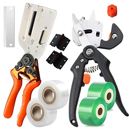 Pfropfen Werkzeug Kit, 2-in-1 Professionelle Garten Obstbaum Ratschenschere Set, Professionelle Einhand mit V + U + Ω Ersatzmesser Schneidwerkzeug Set für Blumen Obstbäume Zweige