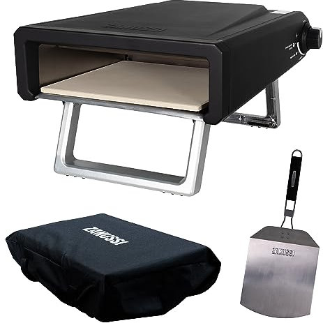 Zanussi Outdoor Portable 12 Gas Fuelled Pizza Oven Paddle and Waterproof Cover in Black, Gas Pizza Maker, BBQ Oven, Stainless Steel Foldable Legs ZGPO1PC
