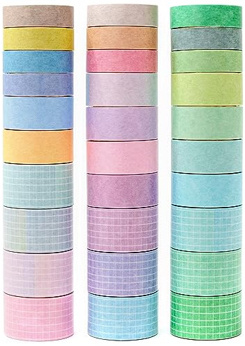 MAGLITT Washi Tape Set 30 Rotoli nastro adesivo colorato colorato decorativo per Forniture Artigianali Fai da te e Decorazioni (Solid Colors & Grid)