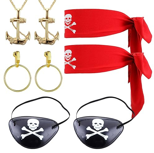SKHAOVS 8 Pcs Piraten Kostüm Zubehör Set, Piraten Augenklappen, Piraten Bandana Piraten Gold Hoop Ohrring Piraten Halskette für Karibik Party Halloween Karneval Maskerade Cosplay Kleid