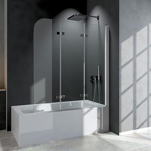 140x140cm Duschabtrennung für Badewanne 3-teilig Glas Duschwand, Faltbar Duschtrennwand Badewannenaufsatz Duschwand aus 6mm ESG NANO Sicherheitsglas, 140cm Faltbar Badewannenfaltwand