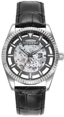 Viceroy 42445-17, Reloj Hombre Chic, Estilo Deportivo, Caja Acero, Esfera Gris Transparente, Correa de Piel Negra, Sumergible 100m