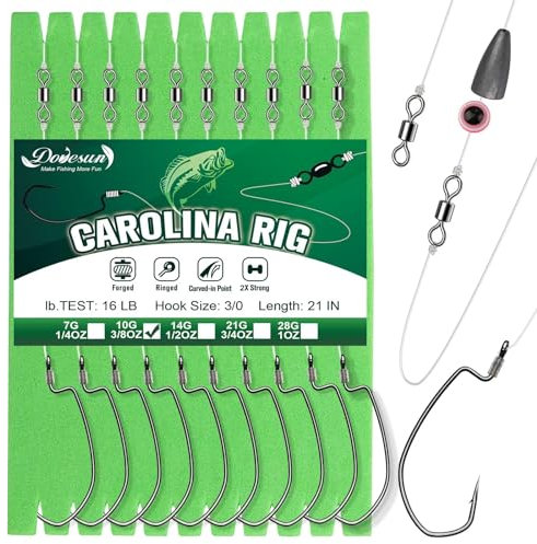 Dovesun 10 Stück Carolina Rig Kit für Bass und Wels - Free Rig Angeln Set mit Haken, Wirbel, Fluorocarbon Schnur und Gewichte