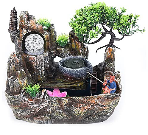 HarBin-Star Fuente de interior con iluminación LED, fuente de mesa, cascada, jardín, acuario, resina, fuente de escritorio, fuente con plantas, 30 x 18 x 26 cm