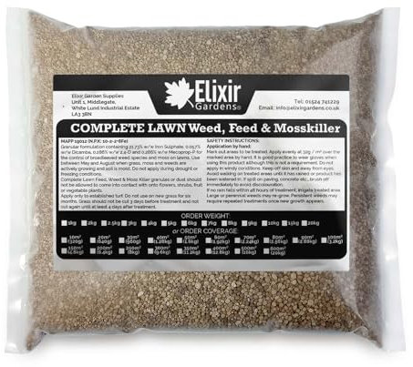 Elixir Gardens Seasonal Lawn Fertilisers for Turf & Grass | Complete Lawn Weed, Feed & Mosskiller with added Iron | 10-2-2+8Fe | Treats 100 Sq. Meters