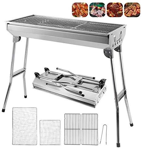 OHMG Barbecue Portatile XXL in Carbonio di Legno, Griglia in Acciaio Inossidabile, BBQ Pieghevole Grande Con Griglia Per Giardino