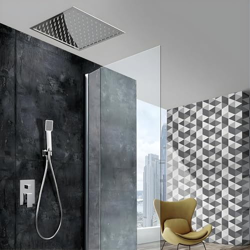 IMEX - Ducha Encastrada Techo Monomando Cromada | Rociador de Ducha Empotrado en Techo Antical y Efecto Lluvia | Alcachofa y Grifería Empotrada en Latón y Acero Inox S.304 | Serie Volga