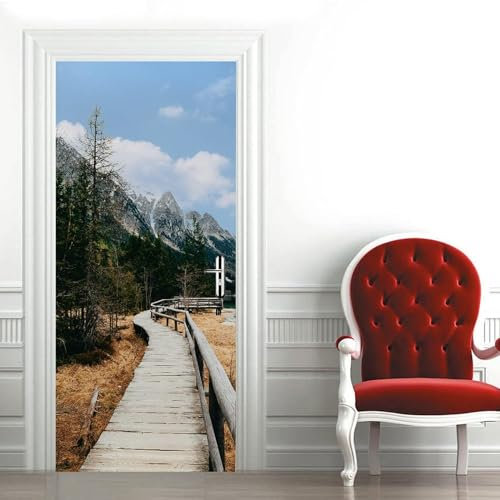 Türtapete Selbstklebend 95x215 cm Türfolie Selbstklebend Berg Türaufkleber Türposter Holzbrücke Türsticker Fototapete 3D Effekt für Schlafzimmer Wohnzimmer Küche A2565