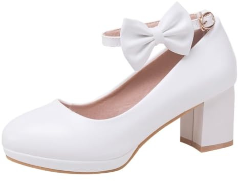 HSyc JRX Damblockklack, höga klackar, remmar, pumps med rosett, klänning, skor, Vit, 35 EU
