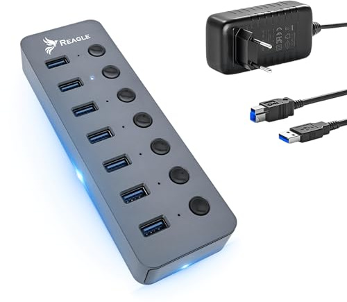 Reagle Hub USB 3.2 Gen 1-7 Ports USB-A avec Bloc d'alimentation de 24 W, Interrupteur Unique, SuperSpeed 5 Gbps, Plug & Play, boîtier en Aluminium - Idéal pour Ordinateur Portable et PC