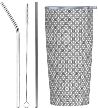 VOSERY Botella de agua de 20 onzas con tapa y popote, vaso aislado a cuadros grises de acero inoxidable, taza de café de viaje, vaso personalizado