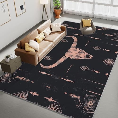 Tappeto 160 x 230cm Estetica occidentale Teschio di toro Tappeto Salotto - Tappeto Lavabile per Soggiorno Tappeto a Pelo Corto Tappeto per Camera Tappeto Antiscivolo Grigio scuro