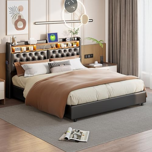 Polsterbett 180x200 cm, mit LED-Beleuchtung und mit USB-Ladeanschluss, Rahmen mit Holzlatten, Kopfteil mit Seitentaschen, Doppelbettgestell, Stauraumbett, Funktionsbett, in Leder (180x200cm)