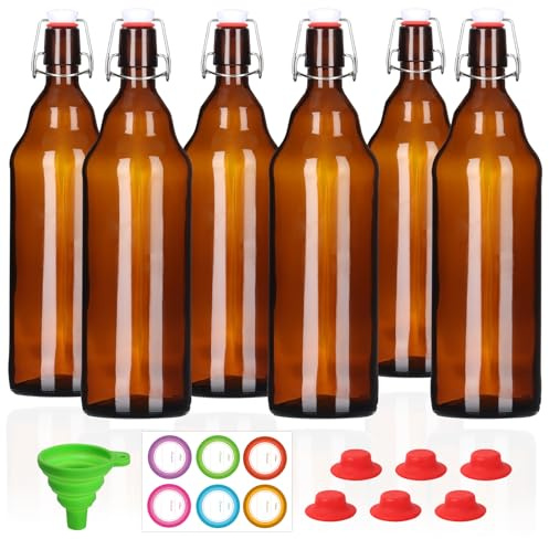 Miukada 6 Stück 907.2 g bernsteinfarbene Bügelflaschen, Klappverschluss-Glas-Bierflasche mit luftdichtem Deckel für Heimbrauen und Wein, Met, Gärung, Getränke, Kombucha