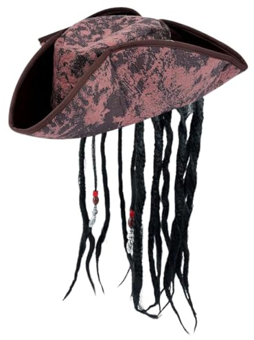 VIROSA Deluxe Brown Pirate Hat with Braids & Beads – Caribbean Captain Costume Accessory for Children & Adults | Ideal for Halloween, Fancy Dress, World Book Day | Age 14 Year and Above
