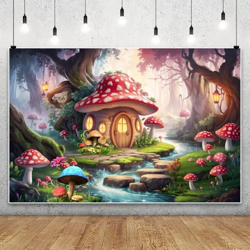 MIRRORANG 6x3m Whimsical Mushroom House Backdrop Fairy Tale Red Mushroom Cottage Houses Stream Lanterns Photography Background for Fantasy Wedding Baby Shower Birthday Party Photo Booth Props