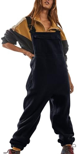 Women'S Fleece Dungarees Loose Fit Adjustable Straps Solid Overalls With Pockets Thermal Long Jumpsuit Playsuit Trousers Winter Comfy Dungarees Women Bib Overalls For Women Oversized Dungarees