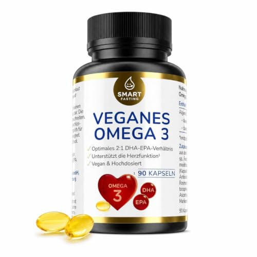Veganes Omega 3 – 1.500 mg Algenöl mit 900 mg DHA und 450 mg EPA pro Tagesdosis (Optimales 2:1 Verhätnis) – 90 Weichkapsel – Hergestellt & laborgeprüft in Deutschland