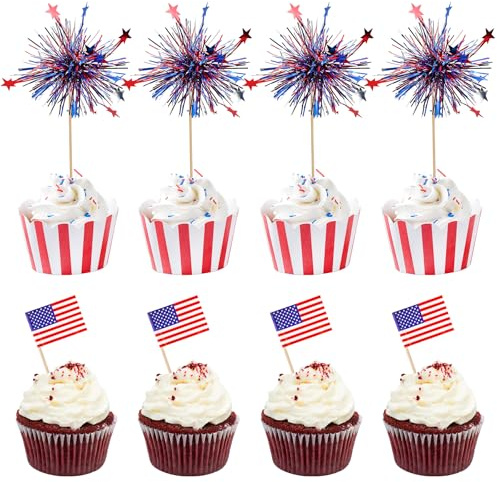 100Pcs American Flag Patriotic Cupcake Toppers, 4th of July Foil Firework Cupcake Toppers Tinsel Drink Cake Decoration Picks Independence Day Decorations Supplies Favor