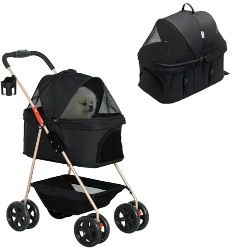 PawHut 3 in 1 Passeggino per Cani di Taglia Mini, Carrello Passeggino Pieghevole con Borsa Trasportino e Cestino Inferiore, Carrozzina per Cani Piccoli e Gatti con Guinzaglio e Portabicchieri, Nero