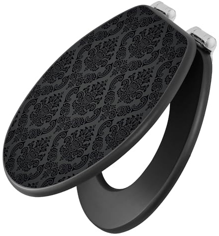 banjado WC Sitz Abstrakt & Muster - Absenkautomatik leise - 38 x 46,5 cm O-Form - MDF Holz Toilettendeckel anthrazit - Klositz grau pflegeleicht mit Softclose - Motiv Black Deluxe