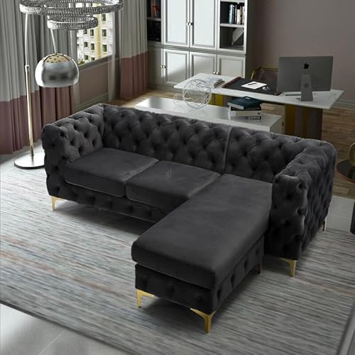 Snooze Chesterfield 3 Seater Sofa with Chaise Lounge – L Shape Right/Left Hand Corner Sofa – Deep Button Tufted Design with Gold Metal Legs – Couch for Living Room (Black, Right Hand Chaise)