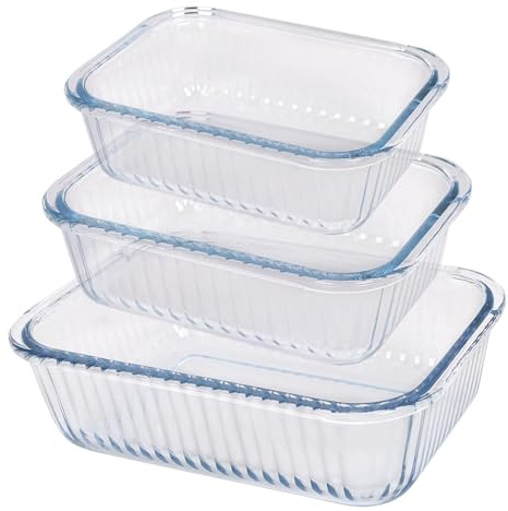 Argon Tableware Optical Rectangular Glass Cake Dish Set - 3 Sizes - 3pc Deep Pie Brownie Cheesecake Bread Sponge Oven Baking Tin Tray Pan | Microwave Safe, Freezer Safe