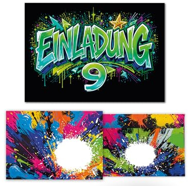 Junaversum 12 Einladungskarten inkl. 12 Umschläge zum 9. Kindergeburtstag Graffiti Kinder Mädchen Junge coole bunte Einladungen neunte Geburtstag Geburtstagseinladungen Kids