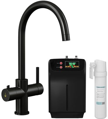 Excel Home 3 in 1 Boiling Water Tap Up to 98° – 2.4L Boiler & Carbon Filter – Hot & Cold Water - Instant Hot Water Tap Made of Anti-Rust Brassware - Matt Black