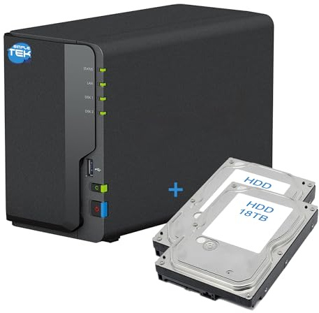 SIMPLETEK - Dispositivo de almacenamiento en red NAS de 2 bahías con doble HDD 18TB+18TB, Gigabit LAN Ethernet, Copia USB, 2GB DDR4