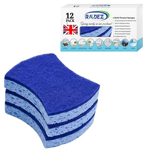 Radez 12 Pack Non Scratch Cellulose Scrub Sponge Dual Sided Dishwashing Sponges for Kitchen with Blue & Green Scrub Sides Eco Friendly, Biodegradable Sponges for Washing Up & Cleaning Uk Brand