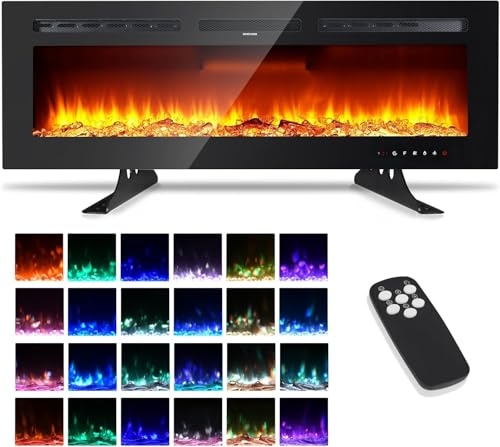 Electric Fireplace, 60 Inch/152 cm, Ultra Slim Wall Mount Design, 12 Colour LED Flame Effect & 2 Heat Settings for UK Homes