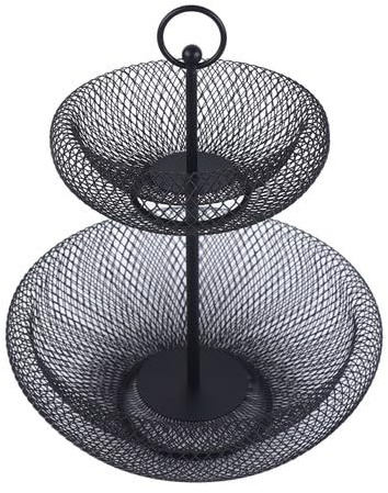 juunyeer 2-stöckiger Obstkorb, Metall Obstschale Groß Etagere Schwarz Fruit Basket Gemüse, Dekorativer Obstkorb, GemüSe-Snack-Halter Für Küche, Arbeitsplatte Aufbewahrungsregal (Schwarz)