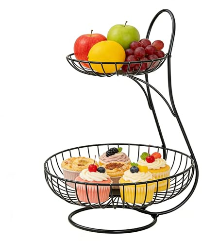 Fruit Basket Metal - 2 étages Wire Container 25 x 25 x 36 cm, Countertop Veggies Storage, Mesh Organizer | Multi Purpose Candy Pantry Shelf For Kitchen Dining Table Office Apartment Hotel Buffet Party
