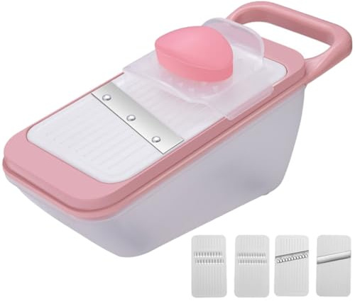 AUTSUPPL Cortador de Verduras Multifuncional de 4 Cuchillas, Rallador Manual Rosa Compacto para Cocina Doméstica y Camping, Herramienta para Cortar Patatas, Pepinos y Rábanos, Picadora