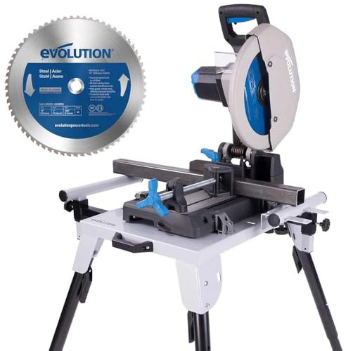 Evolution Power Tools, S355CPS 355mm, Chop Saw, for Cutting Metal Long Life TCT Tungsten Carbide Blade Included for Cutting Mild Steel, Cold Cut, Virtually No Sparks, 45 Degree & Stand Bundle