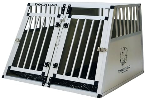 DOGHEAD Hundetransportbox Comfort, Double 95x85x63 cm EG, Grau/Silber, Aluminium, Vorne 65° Grad Winkel, hinten 90° Grad (gerade Rückwand), Trennwand mit Griff, für größere Kombis geeignet