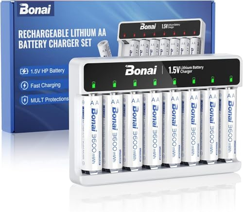 BONAI 8 Slots Chargeur avec 8 Piles AA Lithium Rechargeables 1,5V 3600mWh | 8 slots indépendants, 1.5V, intelligent LED, USB-C, 3600mWh, 2000 cycles, idéal pour manettes Xbox et caméras de sécurité