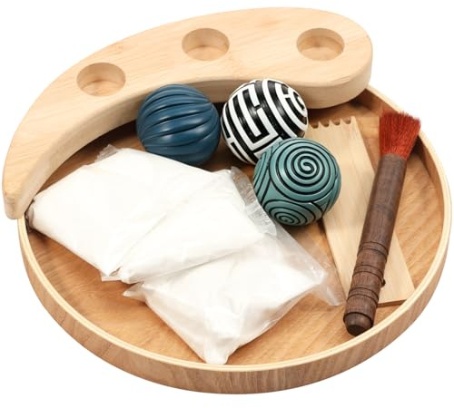 Japanese Zen Garden Kit, with 24cm Large Round Wood Tray 3 Sphere Natural Sand Rake Mini Zen Decor, Japanese Circular Zen Gardens, Relaxation, Meditation, for Office Home & Mindfulness Therapy