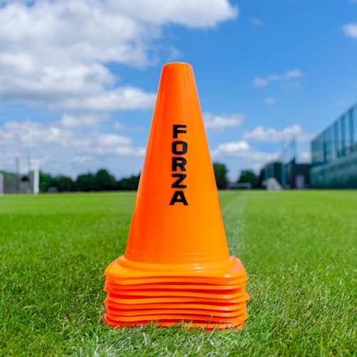 FORZA Multi Sport Training Marker Cones – Durable Plastic Traffic Cones for All Sports & Training Drills | Bright Fluorescent Colours Options [Pack of 10 or 100] (9 Inch, Orange, Pack of 10)